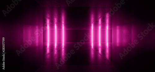 Wallpaper Mural Neon Glowing Lights Retro Cyber Virtual Purple Luminous Fluorescent Tube Lights Abstract Grunge Concrete Tunnel Room Sci Fi Futuristic Stage Empty Night Background 3D Rendering Torontodigital.ca