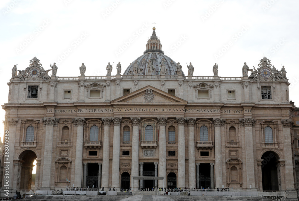 Wide facade of Saint Peter Basilica in the Main Square in Vatica