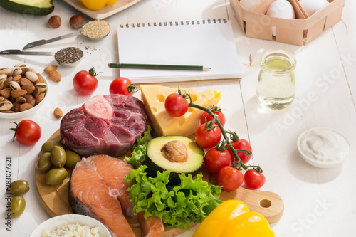 Fotografie Ketogenic low carbs diet - food selection on white wooden background