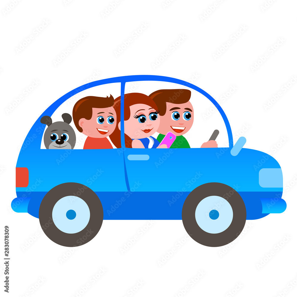 A happy family of three: dad, mom, son and dog. Riding in a blue passenger car. Vector illustration in cartoon style with a white background. A happy family of three: dad, mom, son and dog. Riding in a blue passenger car. Vector illustration in cartoon style with a white background.