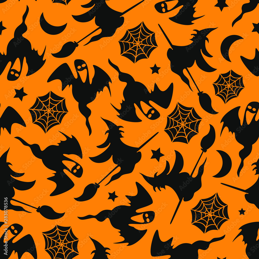 Vector seamless pattern with halloween elements on orange background. Halloween design for greeting card, gift box, wallpaper, fabric, web design.