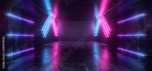 Neon Glowing Plasma Retro Cyber Virtual Purple Blue Luminous Fluorescent Tube Lights Abstract Grunge Concrete Tunnel Room Sci Fi Futuristic Stage Empty Night Background 3D Rendering © IM_VISUALS