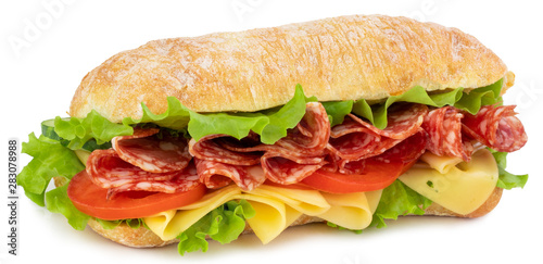 Ciabatta sandwich with lettuce, tomatoes prosciutto and cheese isolated on white background