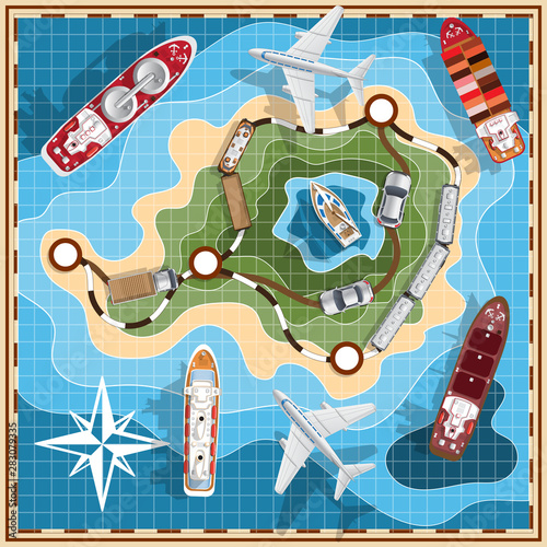 Transport on the map. View from above. Vector illustration.