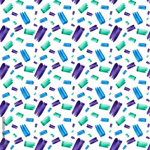 Seamless pattern with watercolor green, blue and purple stripes on white background. Abstract hand drawing illustration, can be printed on textile, wallpaper, wrapping paper, greeting cards, children