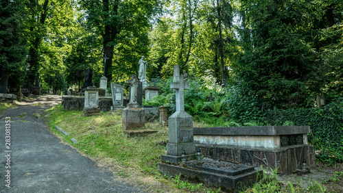 Ancient crypts and Gothic graves at the ancient Catholic cemetery 