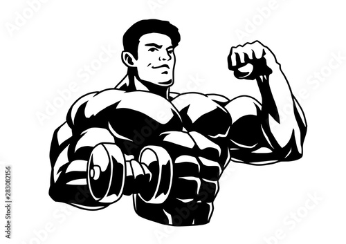 Muscular bodybuilder with dumbbells showing big biceps, vector, cartoon, character