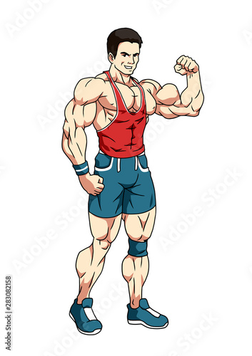 muscular bodybuilder showing big biceps, vector, cartoon, character