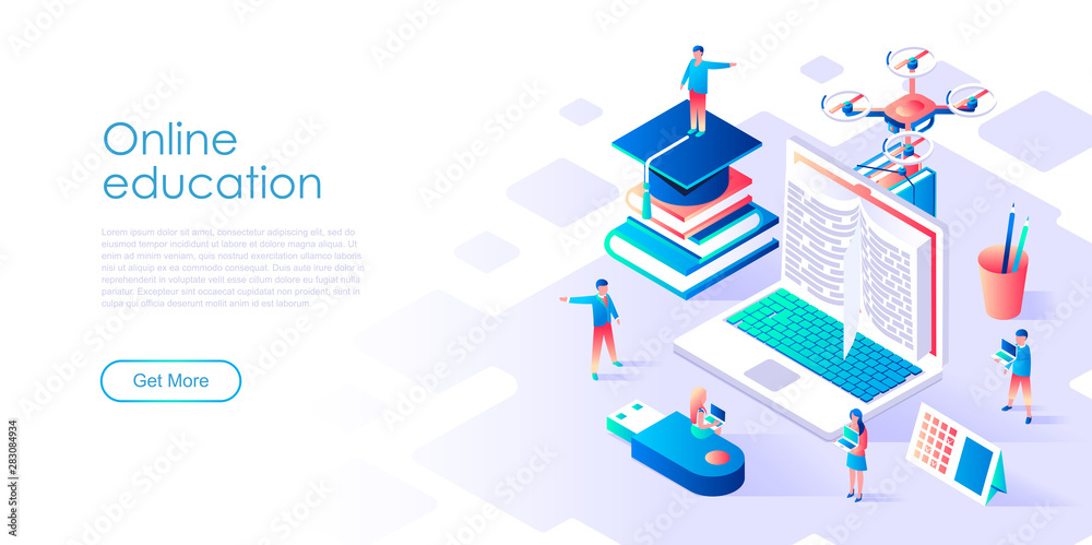 Modern flat design isometric concept of Online Education for banner and website. Isometric landing page template. Graduation, e-learning, college research, school concept. Vector illustration.