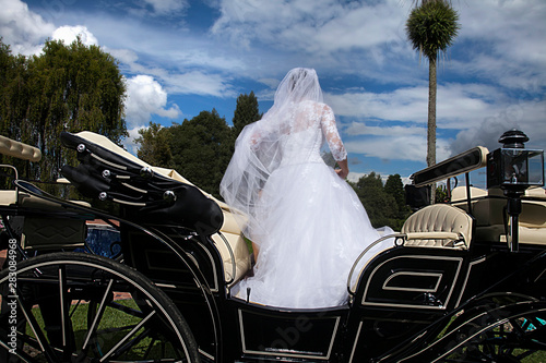 bride on her back in white dress getting off the horse carriage to the altar