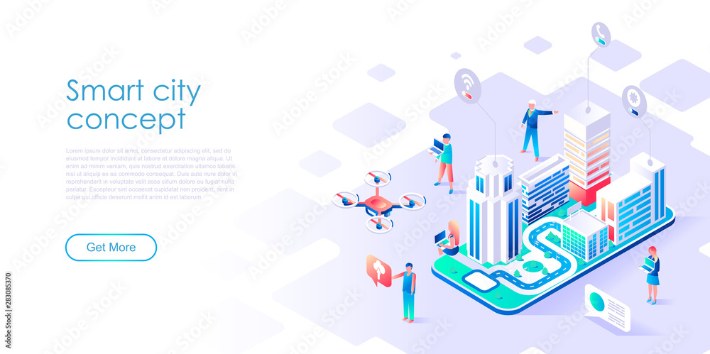 Modern flat design isometric concept of Smart City for banner and website. Isometric landing page template. Business center with skyscrapers, streets of the city connected roads. Vector illustration.