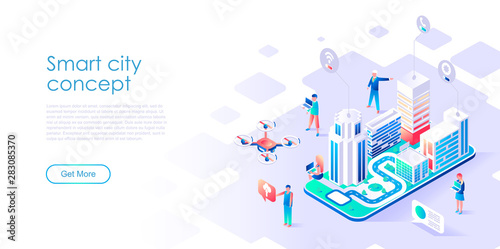 Fototapeta Naklejka Na Ścianę i Meble -  Modern flat design isometric concept of Smart City for banner and website. Isometric landing page template. Business center with skyscrapers, streets of the city connected roads. Vector illustration.