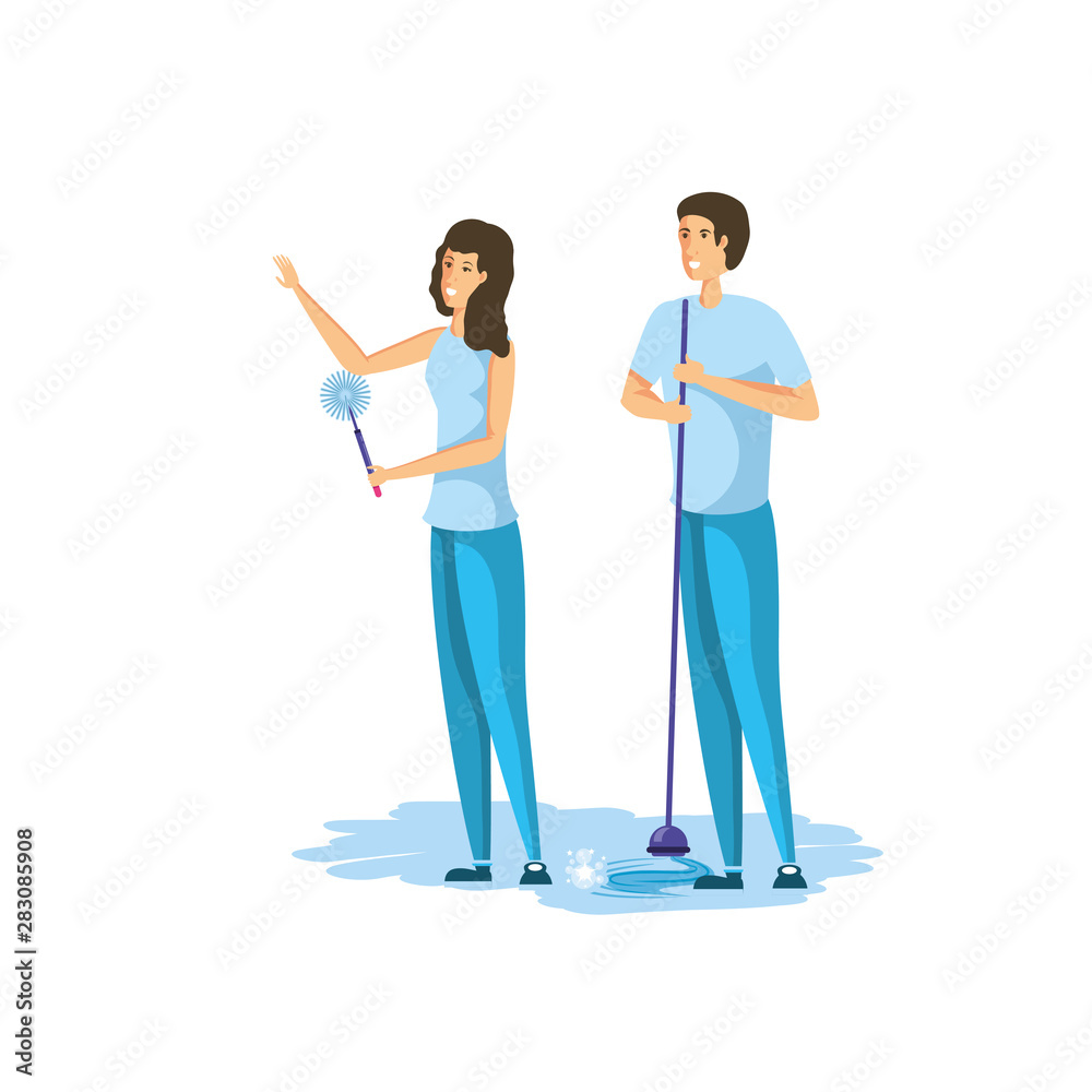 Fototapeta premium Isolated woman and man cartoon cleaning design
