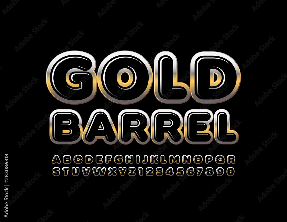 Vector elite sign Gold Barrel with Black glossy Font. Uppercase chic Alphabet. Shiny luxury Letters and Numbers