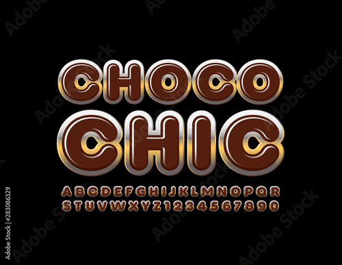 Vector sweet logo Choco Chic. Brown and Gold Uppercase Font. Elite shiny Alphabet Letters and Numbers