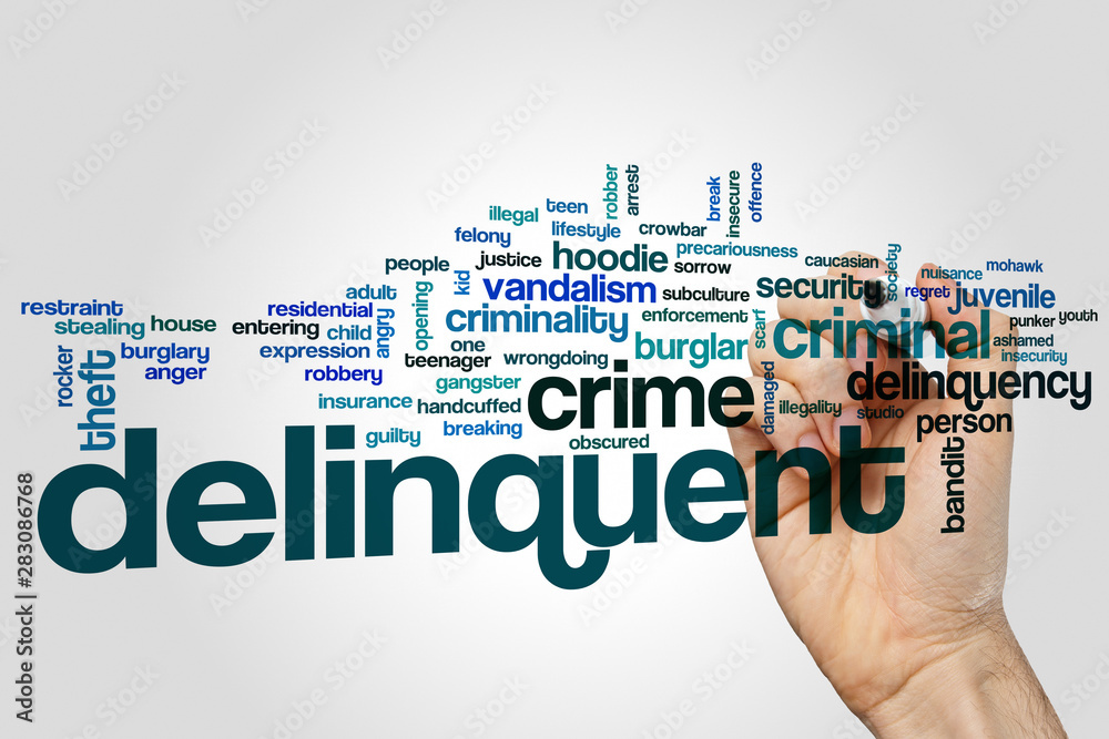 Delinquent word cloud concept on grey background