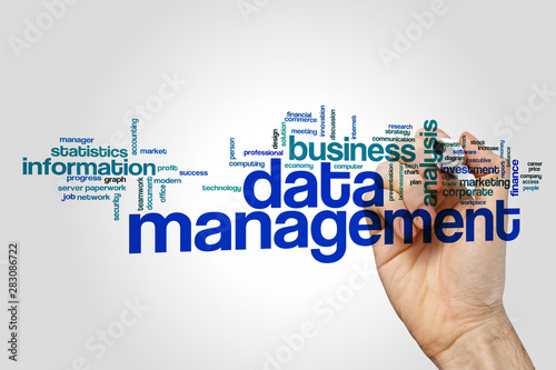 Data management word cloud concept on grey background