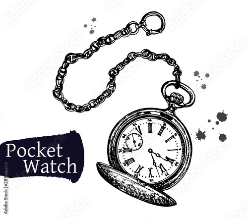 Hand drawn sketch style pocket watch isolated on white background. Vector illustration.