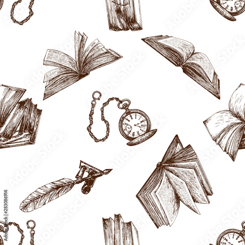 Seamless pattern of hand drawn sketch style books, feather pen and pocket watches isolated on white background. Vector illustration.