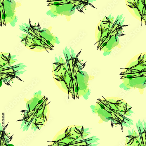 Seamless pattern of hand drawn sketch style bamboo stems with leaves. Isolated vector illustration.