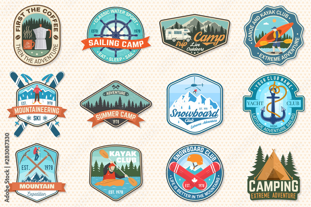 Set of sailing camp, canoe, snowboarding, climbing and kayak club patches. Vector. Concept for shirt, print, stamp or tee. Outdoor adventure patches. Set of sailing camp, canoe, snowboarding, climbing and kayak club patches. Vector. Concept for shirt, print, stamp or tee. Outdoor adventure patches.