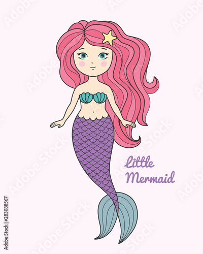 Cute little mermaid with pink hair cartoon style vector illustration 