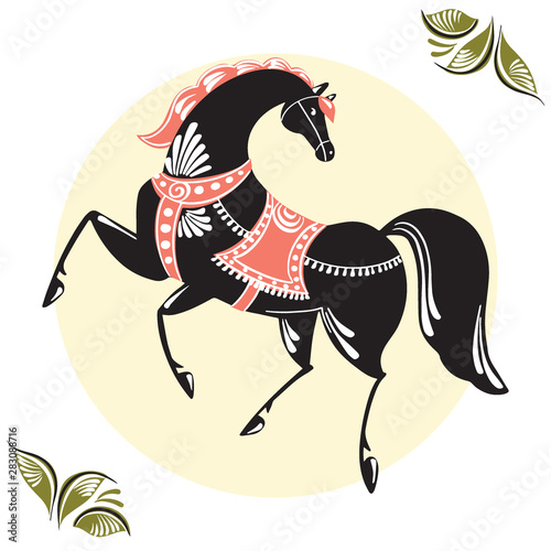 Horse of floral russian traditional vector ethnic ornament Gorodets on yellow background for your design