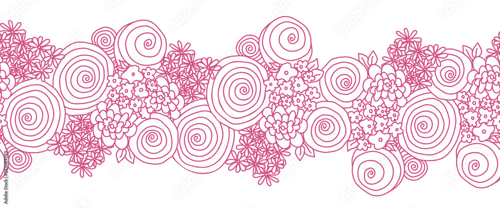 Flower border. Seamless floral vector border pink. Flowers Repeating background pink on white.