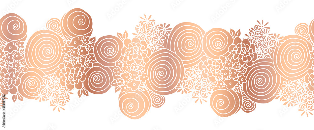 Copper foil flower bouquet seamless vector border. Rose gold floral border. 