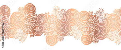 Copper foil flower bouquet seamless vector border. Rose gold floral border. 