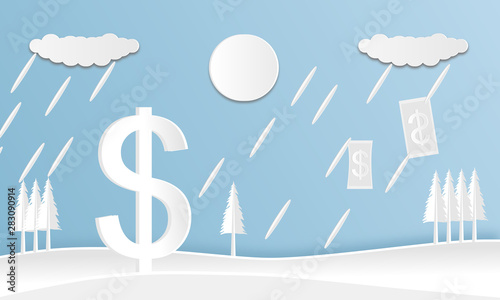 Vector design paper cut flat white for Dollar currency with landscape on blue background