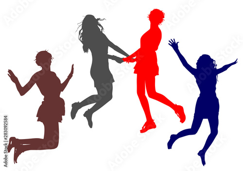 Young cheerful girls jump together up holding hands with each other