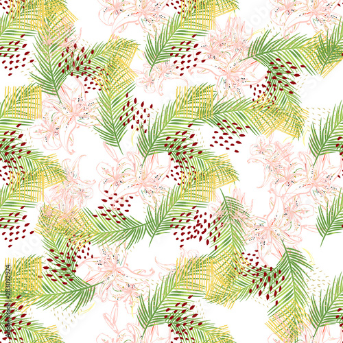 Memphis with trendy exotic dots tropic for decorative design. Abstract art background. Flower seamless pattern. Abstract fabric texture. Vector design illustration.