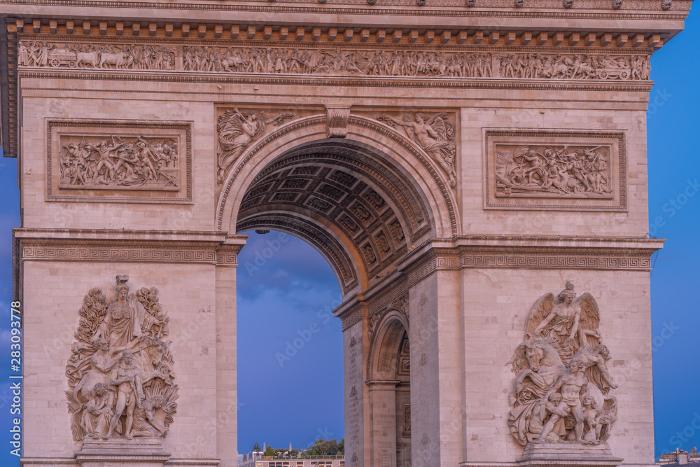 Paris, France - 08 07 2019: Triumphal Arc of Paris at sunset
