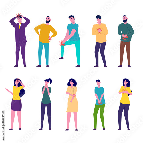 Character set men and woman with pain in different parts of the body. Flat style vector illustration.