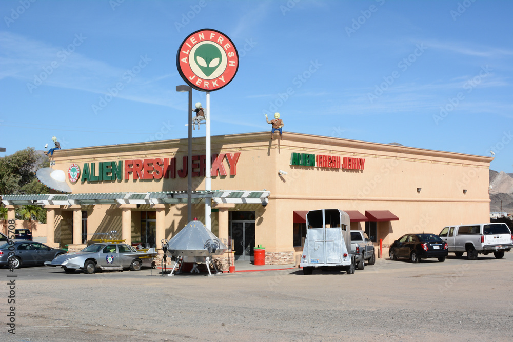 BAKER, CALIFORNIA - July 12, 2014: The Alien Fresh Jerky Store, a tourist  attraction just off the I 15 Highway, the main road to Las Vegas, Nevada.  Stock Photo | Adobe Stock