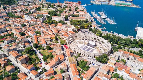 Aerial shoot of Arena ancient Roman amphitheater Old town Pula, Istra region, Croatia.