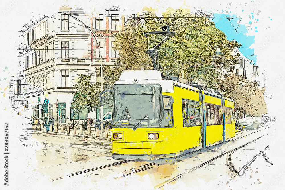 Watercolor sketch or illustration of a tram in Berlin.