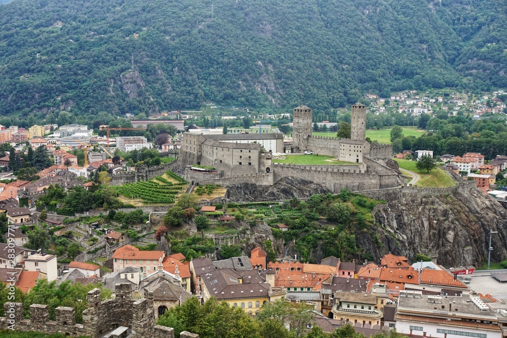 Panorama of the town of Bellinzona and Castelgrande castle in Switzerland from the observation deck