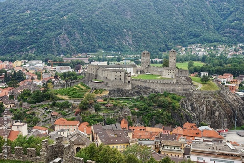 Panorama of the town of Bellinzona and Castelgrande castle in Switzerland from the observation deck
