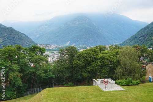 Panorama of the town of Bellinzona and the castle in Switzerland from the observation deck photo