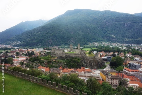 Panorama of the town of Bellinzona and the castle in Switzerland from the observation deck