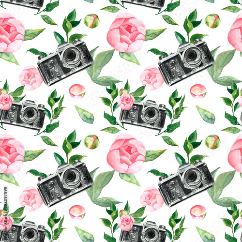 Watercolor floral seamless pattern with pink roses, peony flowers and retro c...
