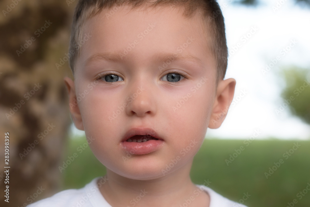 Child on a background of green glade looks into the camera Child on a background of green glade looks into the camera