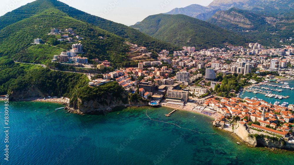 Top view of Old town in Budva in a beautiful summer day, Montenegro. Aerial image.
