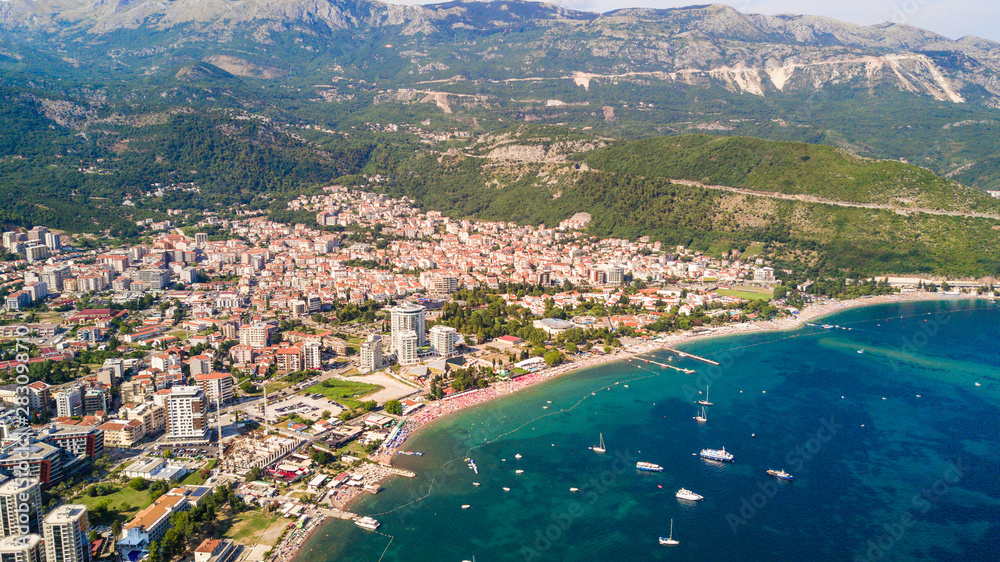 Top view of Old town in Budva in a beautiful summer day, Montenegro. Aerial image.