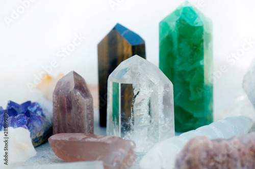 A collection of stone crystals for healing and energy meditation.  photo