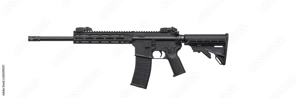 Modern automatic rifle isolated on white background. Reliable universal carbine for the army, police, special forces and for self-defense. Modern automatic rifle isolated on white background. Reliable universal carbine for the army, police, special forces and for self-defense.