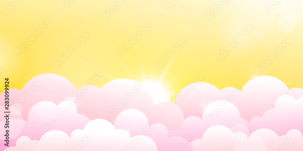 Yellow sky and rose clouds. Horizontal flat vector illustration