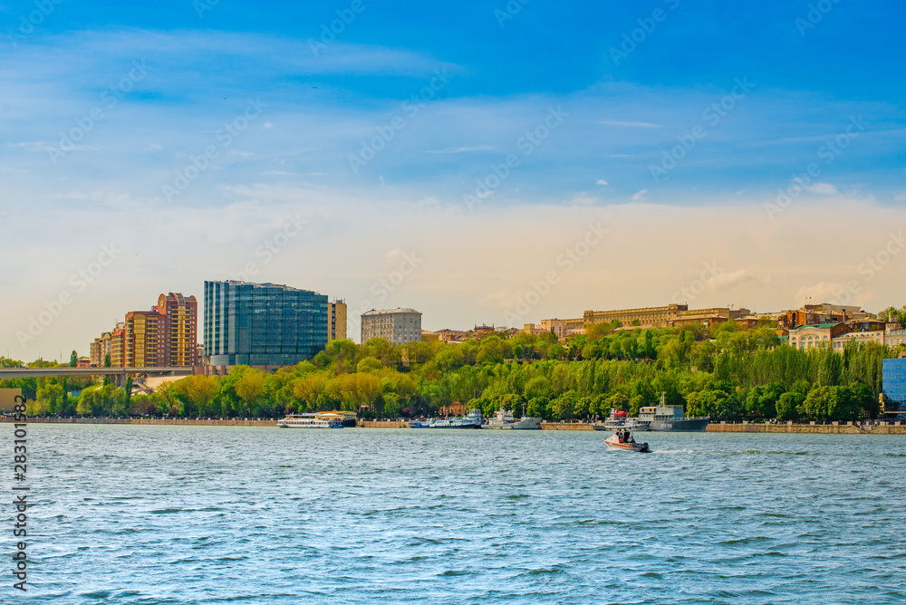 View of the city across the river. Ships on the river. Rostov-on-don.